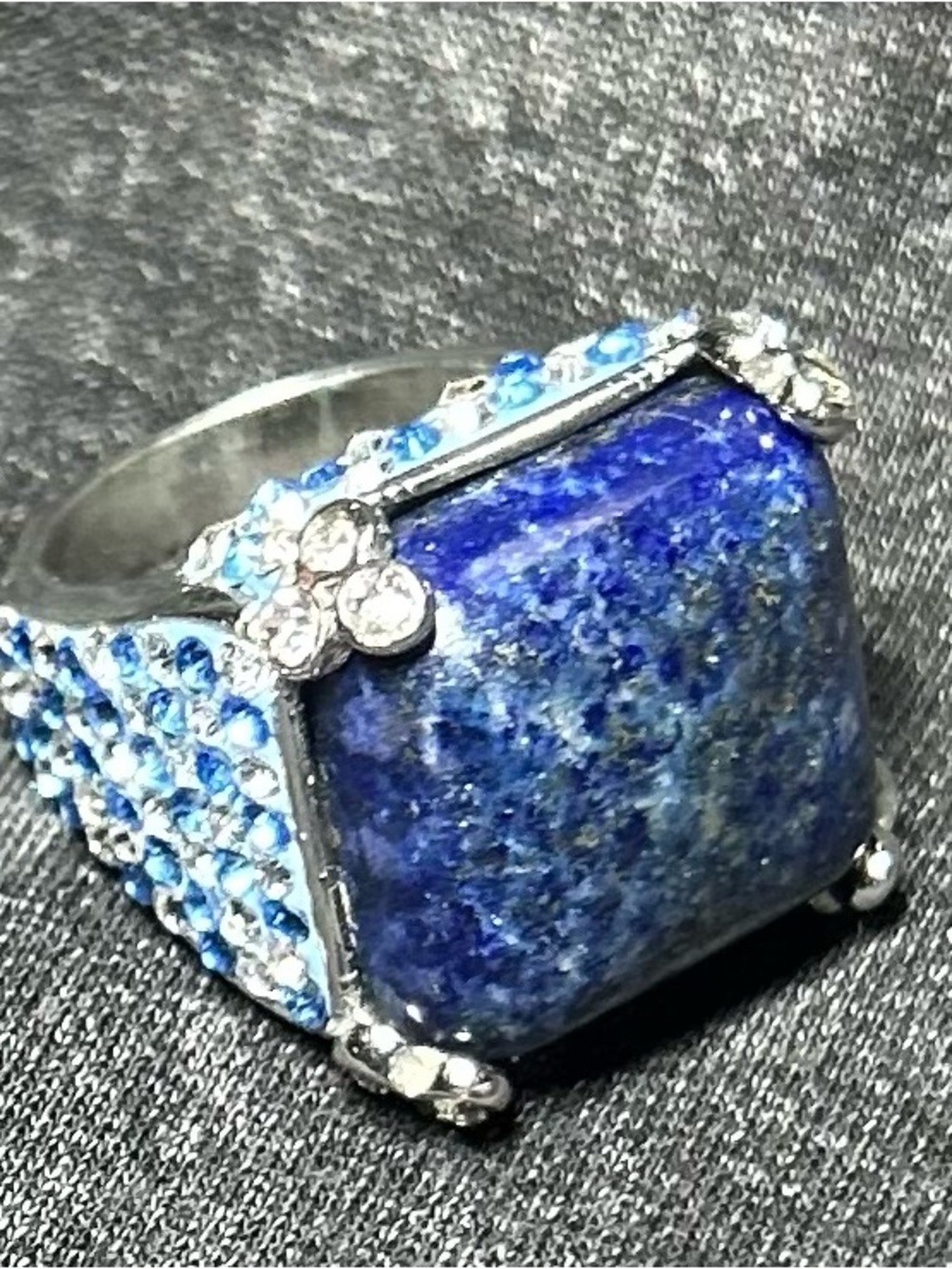 Large Lapis Lazuli Blue Crystal Cocktail Ring Size 8 Statement Jewelry 21.7g